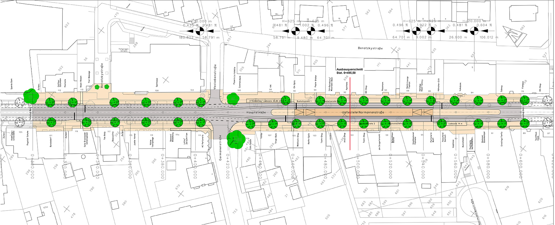 Lageplan: Straßenabschnitte und Bepflanzung Hauptstraße nach Umbaumaßnahmen 1